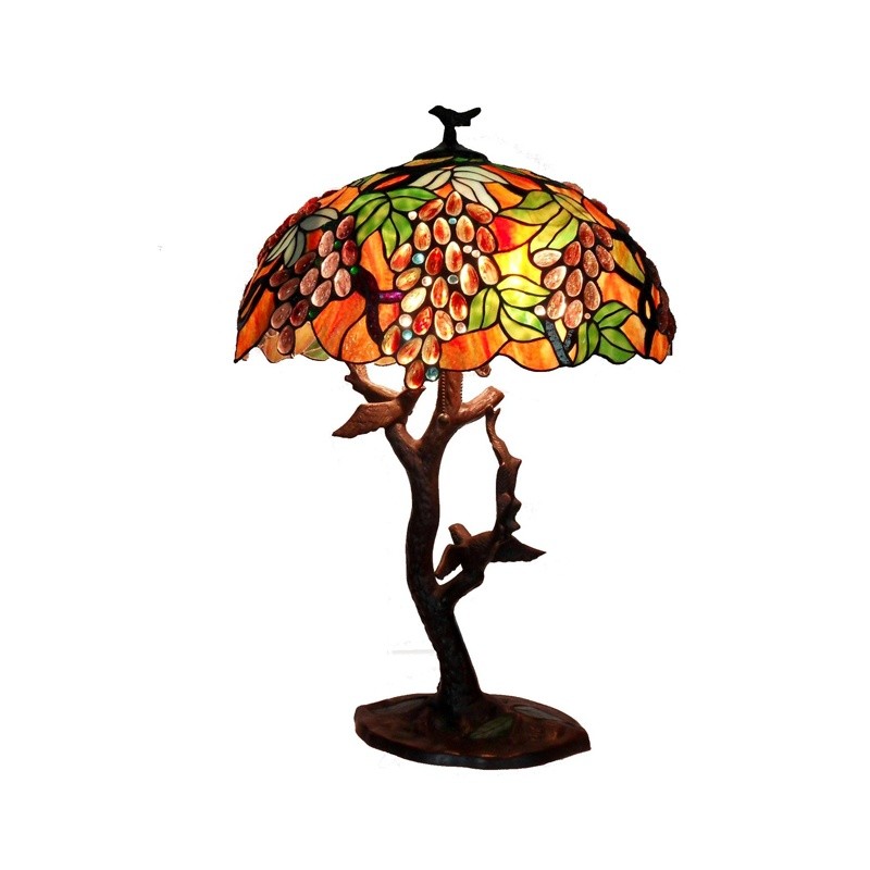 Lighting: Classic Table Lamps: Tiffany Style Grape Lamp with Birds and Mozaic Base