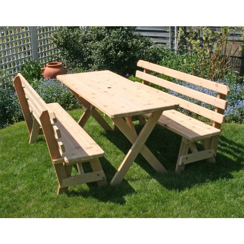 Cedar 27" Wide 8' Cross Legged Picnic Table with 4 pieces of 4' Backed Benches Natural : Outdoor Patio Dining Sets