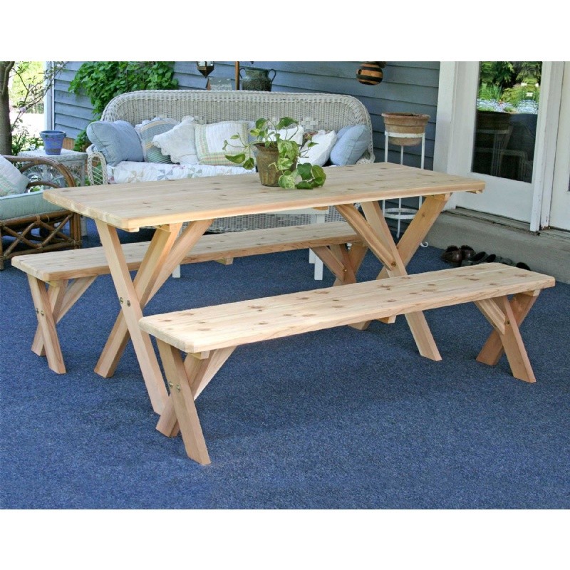 Outdoor Furniture: Outdoor Patio Dining Sets: Red Cedar 27" Wide 8` Backyard Bash Cross Legged Picnic Table w/ Detached Benches Natural