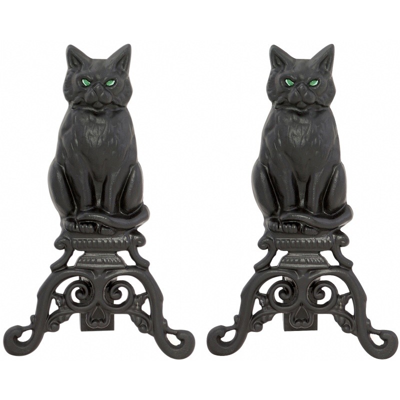 Black Cast Iron Cat Andirons With Reflective Glass Eyes : Fire Pits & Fireplaces