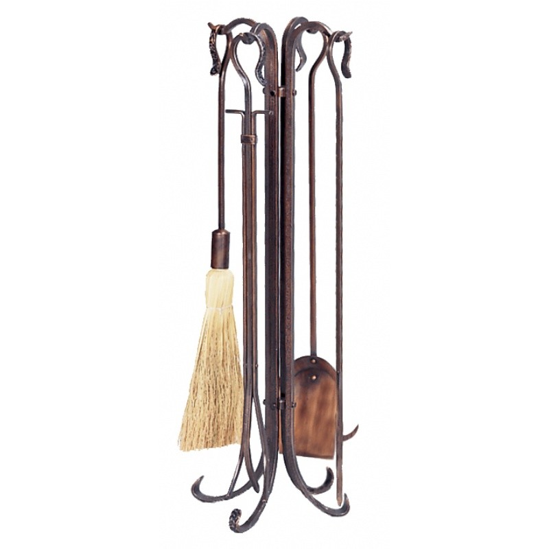 5 Piece Antique Copper Hammered Crook Fireset : Fire Pits & Fireplaces