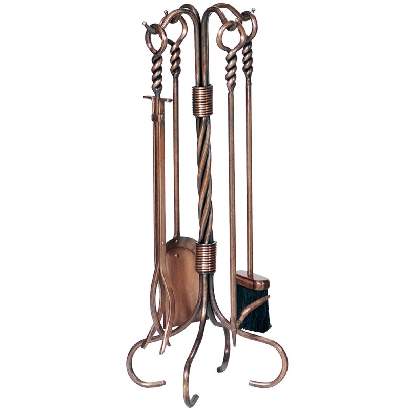 5 Piece Antique Copper Fireset With Ring Swirl Handles / Tampico Brush : Fire Pits & Fireplaces