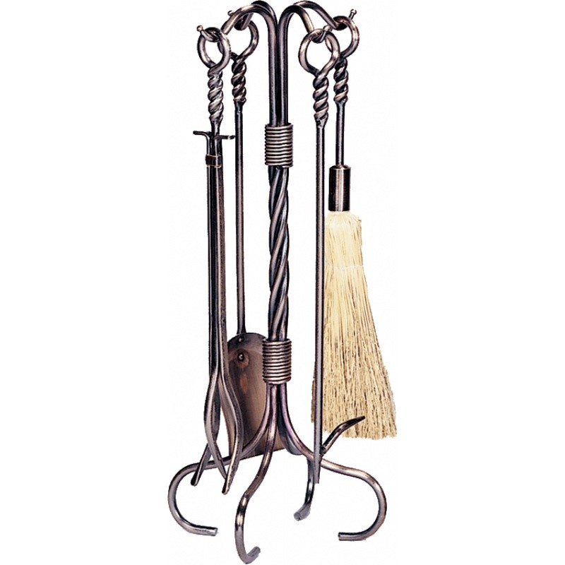 5 Piece Antique Copper W.I. Fireset With Ring / Swirl Handles : Fire Pits & Fireplaces