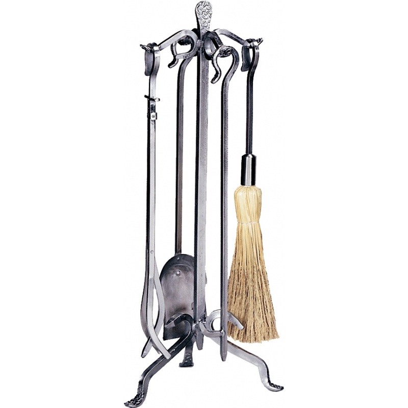 5 Piece Pewter W.I. Fireset With Crook Handle : Fire Pits & Fireplaces
