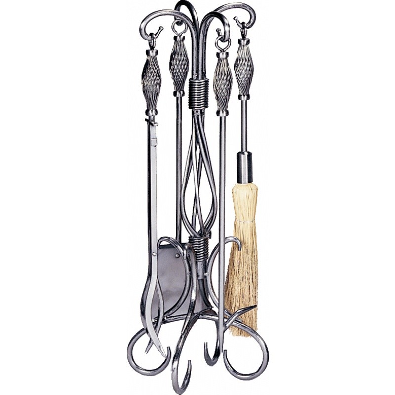 5 Piece Pewter W.I. Fireset With Birdcage Handle : Fire Pits & Fireplaces