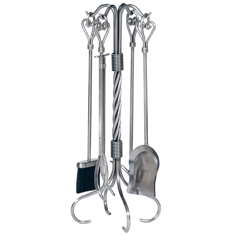 5 Piece Pewter W.I. Fireset With Heart Handles / Tampico Brush : Fire Pits & Fireplaces
