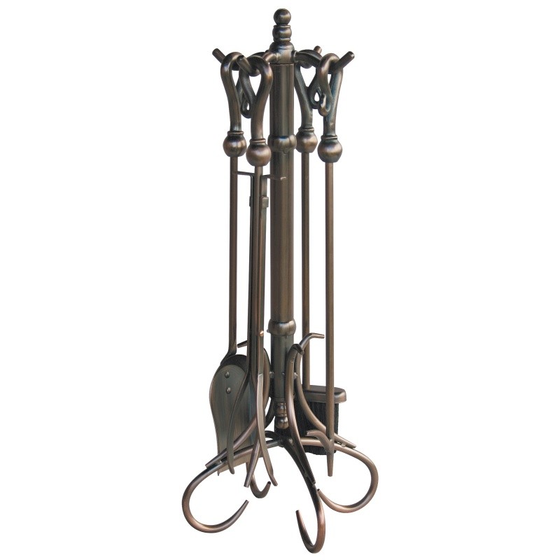 5 Piece Venetian Bronze Fireset With Heavy Crook Handles : Fire Pits & Fireplaces