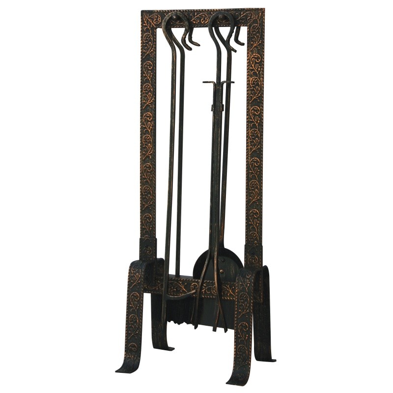 5 Piece Antique Copper Patine Embossed Fireset : Fire Pits & Fireplaces