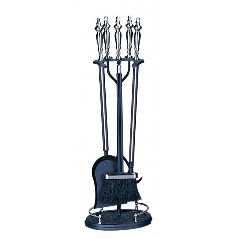 5 Piece Brushed Nickel and Black Fireset With Double Rods : Fire Pits & Fireplaces
