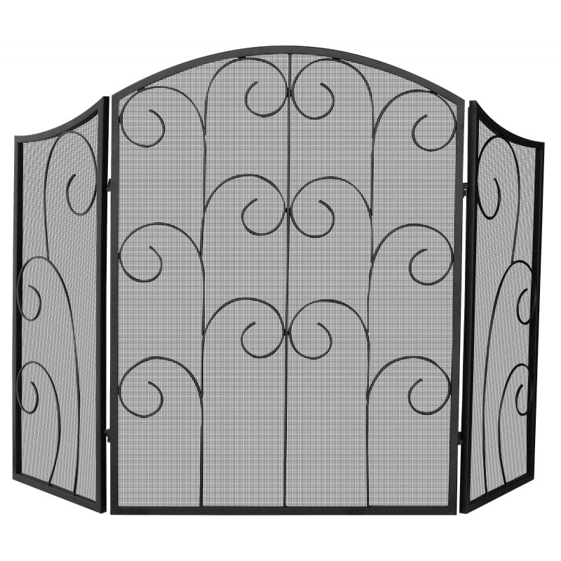 3 Panel Black Wrought Iron Screen With Decorative Scroll : Fire Pits & Fireplaces