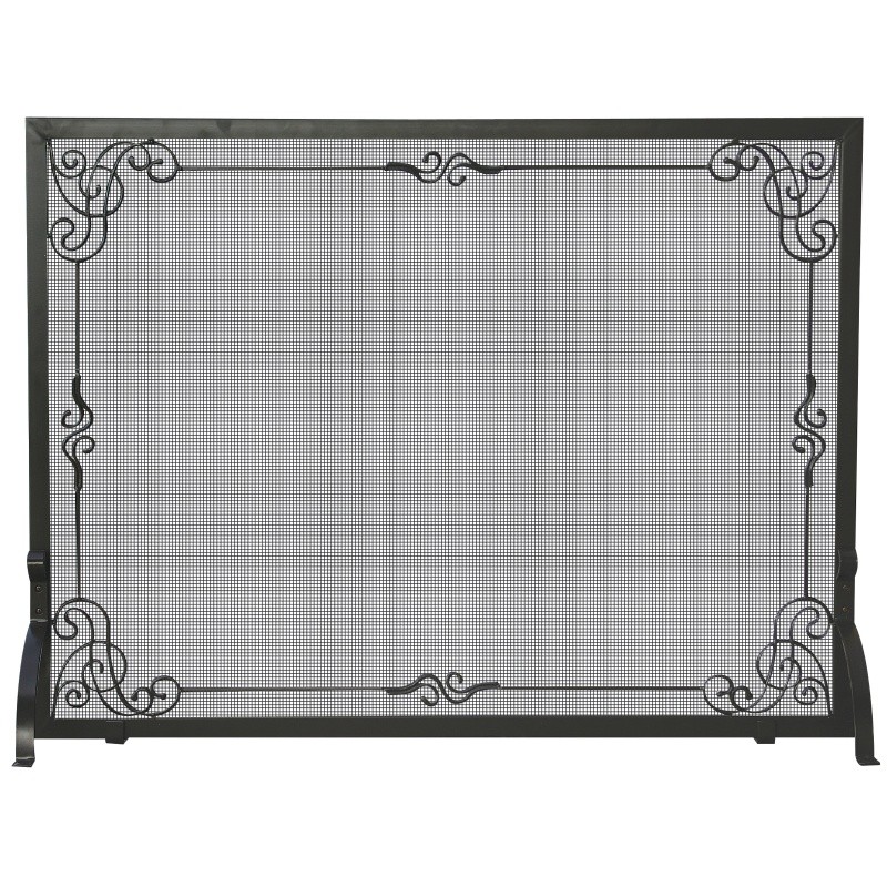 Single Panel Black Wrought Iron Screen With Decorative Scroll : Fire Pits & Fireplaces