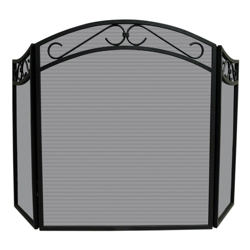 3 Fold Black Wrought Iron Arch Top Screen With Scrolls : Fire Pits & Fireplaces
