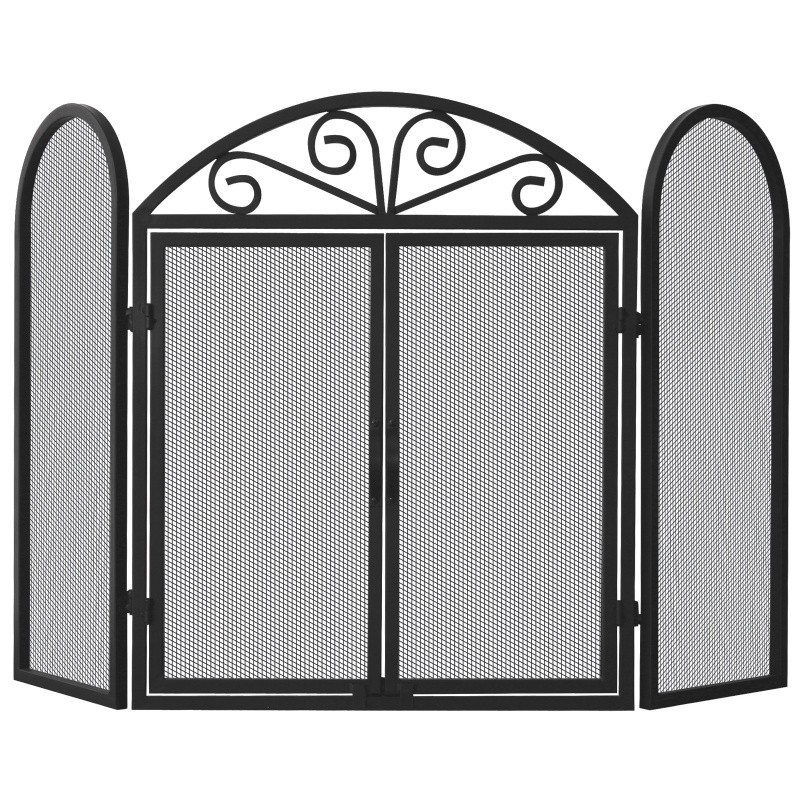 3 Fold Black Wrought Iron Screen With Scrolls : Fire Pits & Fireplaces