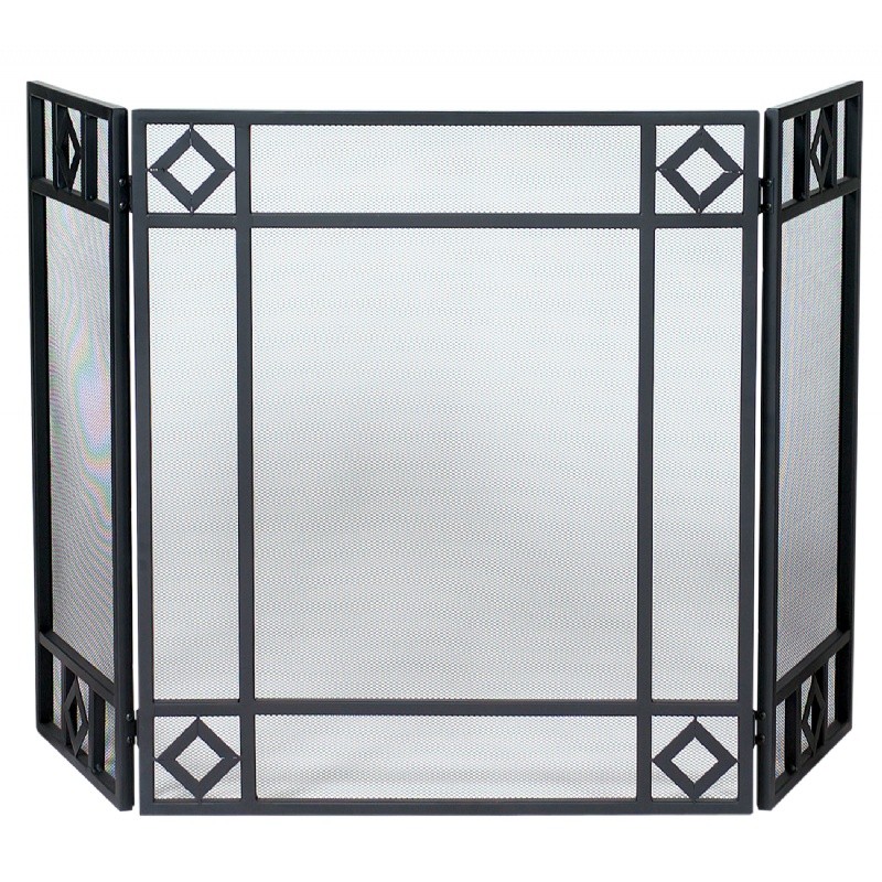 3 Fold Black Wrought Iron Screen With Diamond Design : Fire Pits & Fireplaces
