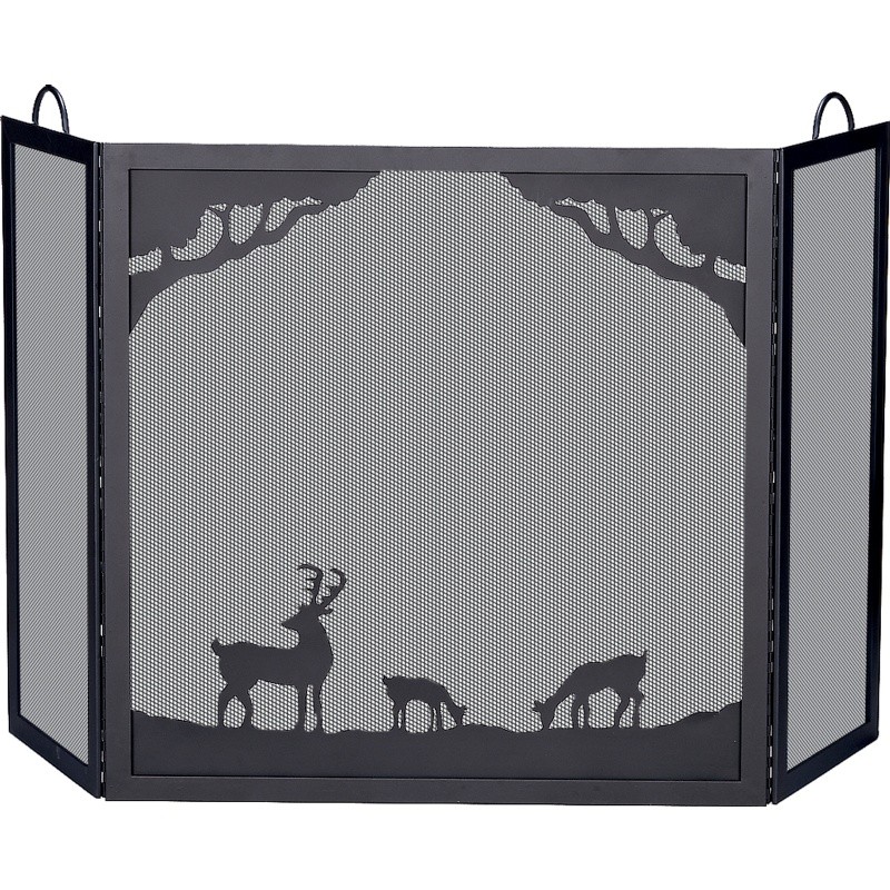 Deluxe 3 Panel Black Wrought Iron Screen With Deer In Forest Scene : Fire Pits & Fireplaces