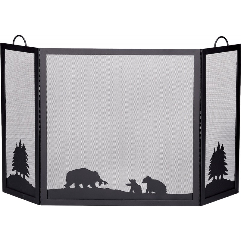 Deluxe 3 Panel Black Wrought Iron Screen With Hunting Bear Scene : Fire Pits & Fireplaces