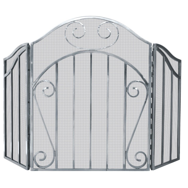 3 Panel Heavy Pewter Screen With Decorative Scroll : Fire Pits & Fireplaces