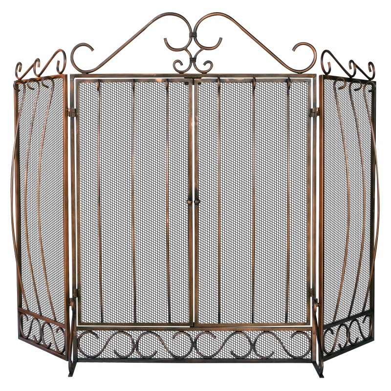 3 Fold Venetian Bronze Screen With Bowed Bar Scroll Work : Fire Pits & Fireplaces