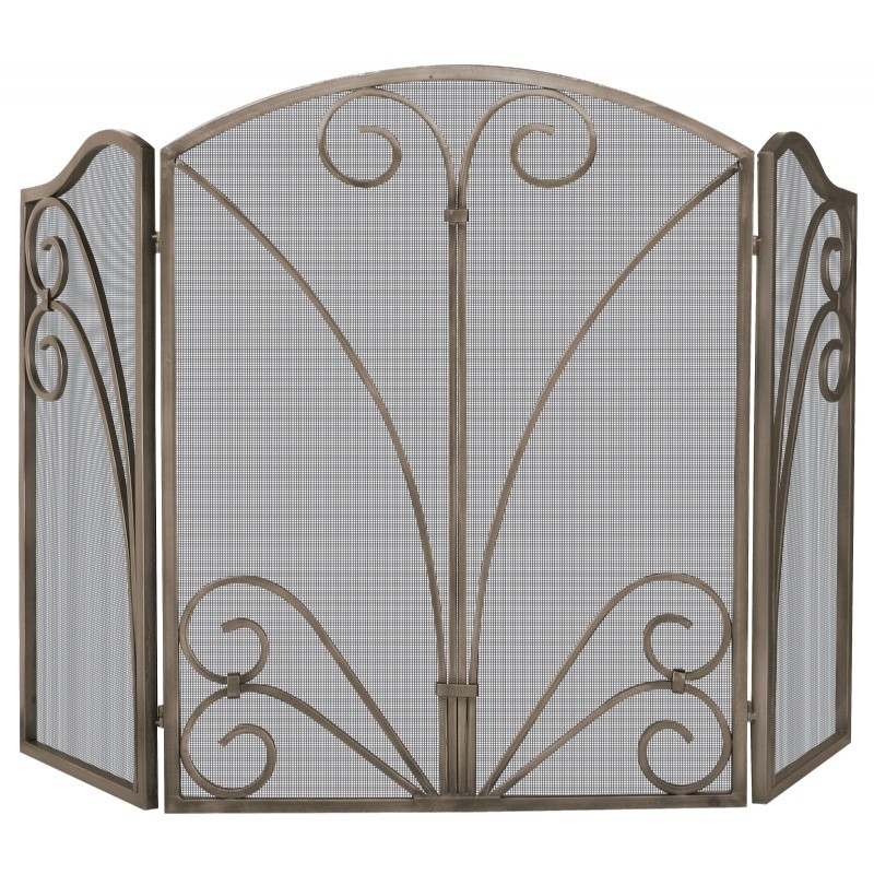 3 Fold Venetian Bronze Screen With Decorative Scroll Work : Fire Pits & Fireplaces