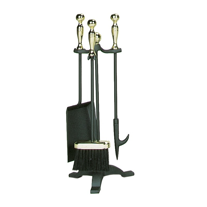 4 Piece Polished Brass / Black Fireset With Ball Handles (S-3692) : Fire Pits & Fireplaces
