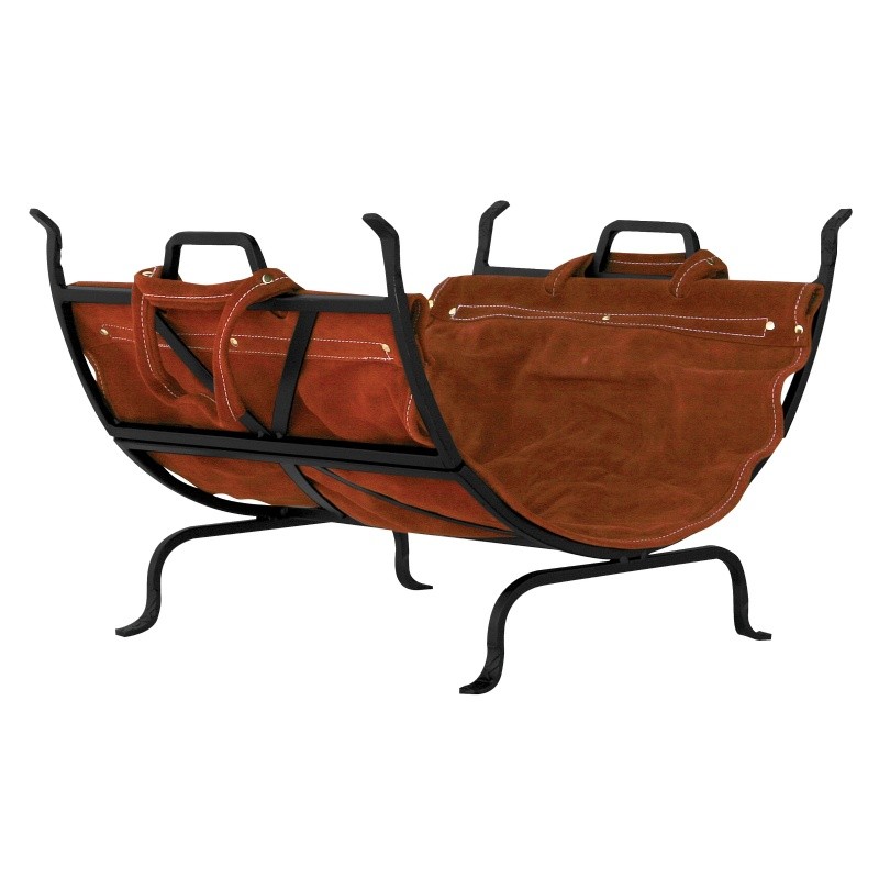 Black Wrought Iron Log Holder With Leather Carrier : Fire Pits & Fireplaces