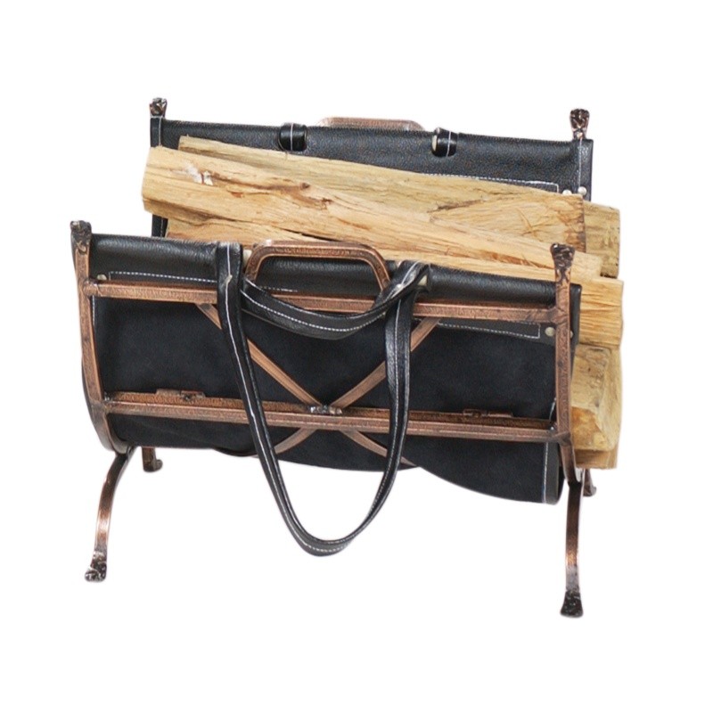 Antique Copper Wrought Iron Log Holder With Black Leather Carrier : Fire Pits & Fireplaces