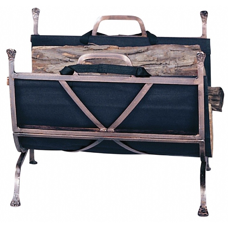 Antique Copper Wrought Iron Log Holder With Canvas Carrier : Fire Pits & Fireplaces