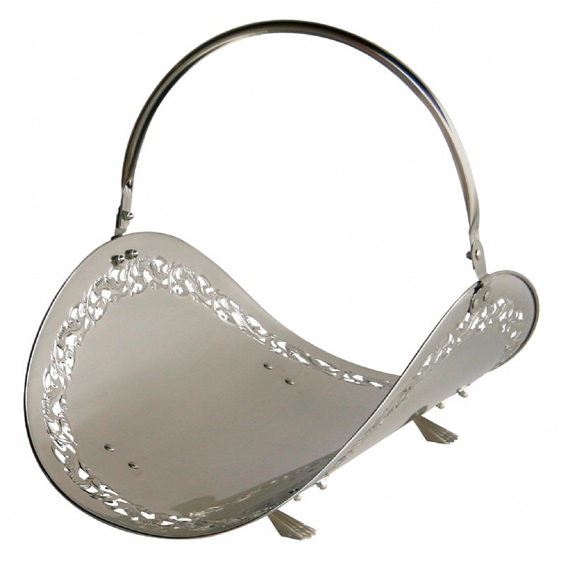 21" Satin Pewter Woodbasket W/Flower Filigree : Fire Pits & Fireplaces