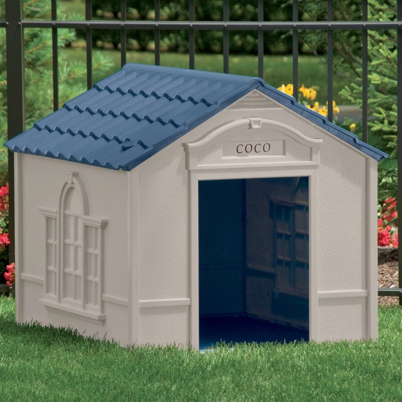 Large Dog House Taupe with Blue Roof