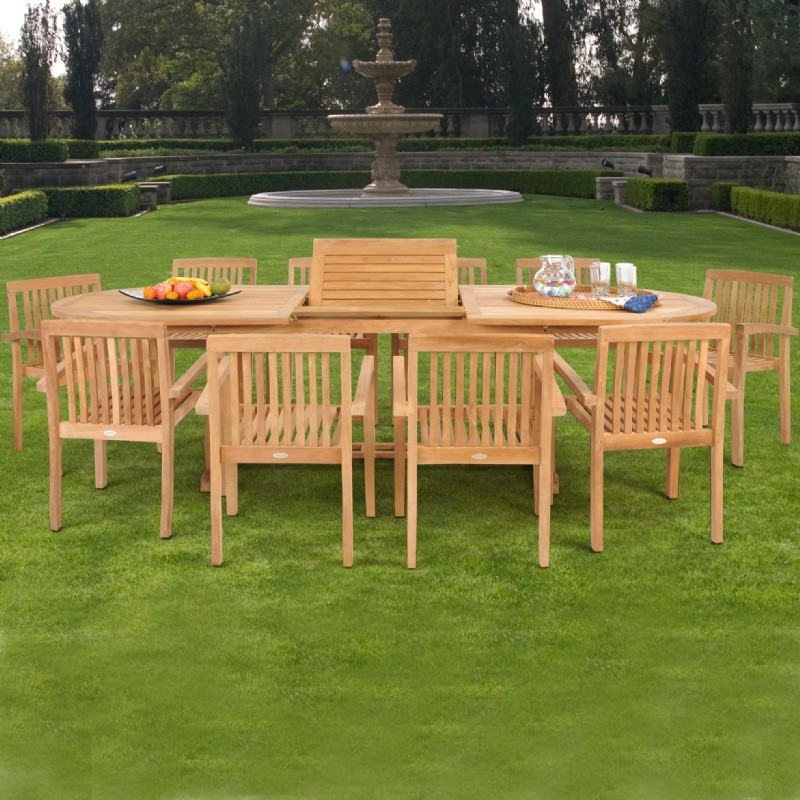 Modern Teak Patio Dining Set 11 Piece with Arm Chairs w/ Cushions