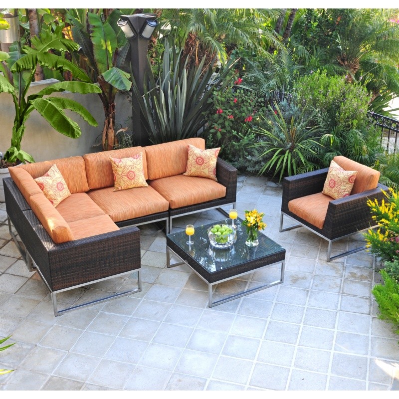 Outdoor Furniture: Outdoor Deep Seating Sets: Mirabella Modern Outdoor Wicker Club Seating Set 7 piece