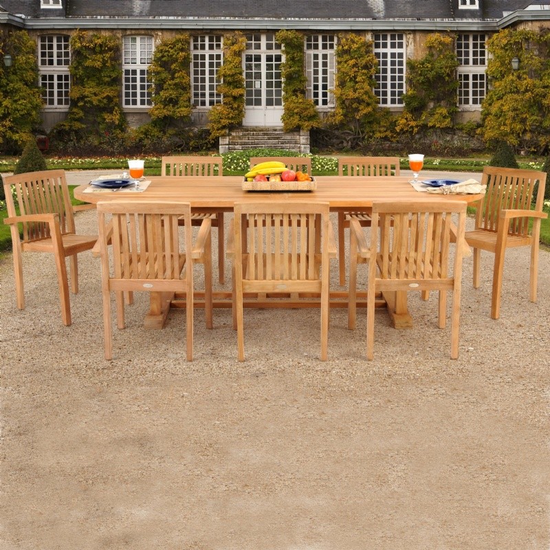 Modern Teak Patio Dining Set 9 Piece with Arm Chairs w/ Cushions : Outdoor Patio Dining Sets