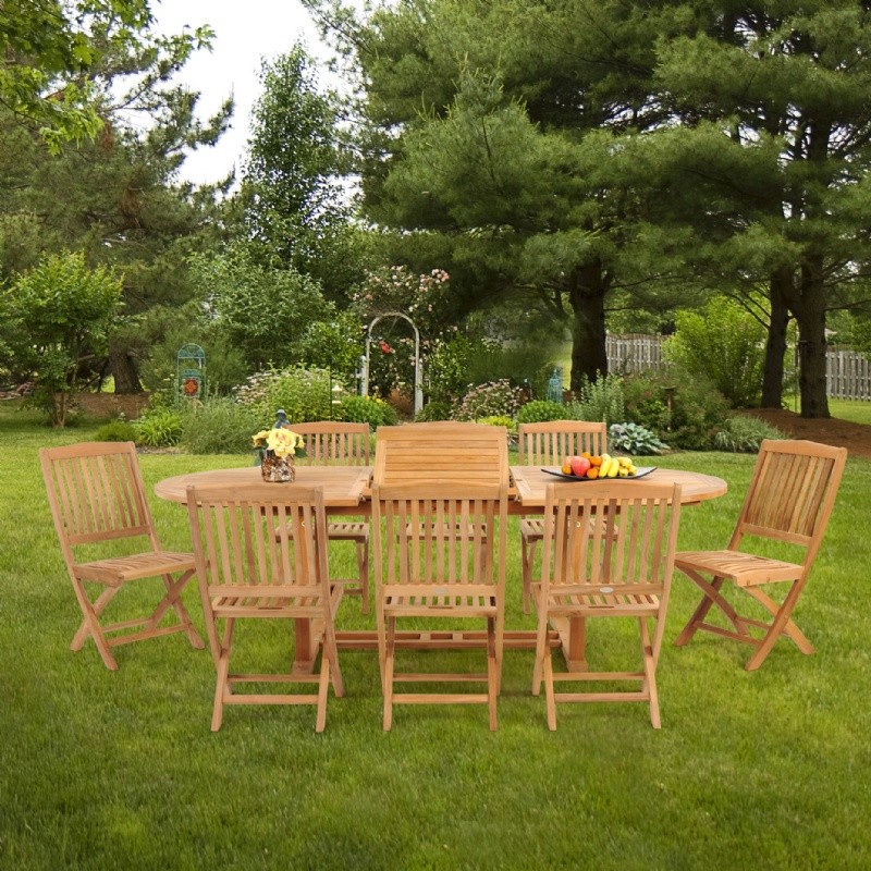 Modern Teak Patio Dining Set 9 Piece with Folding Chairs w/ Cushions : Outdoor Patio Dining Sets