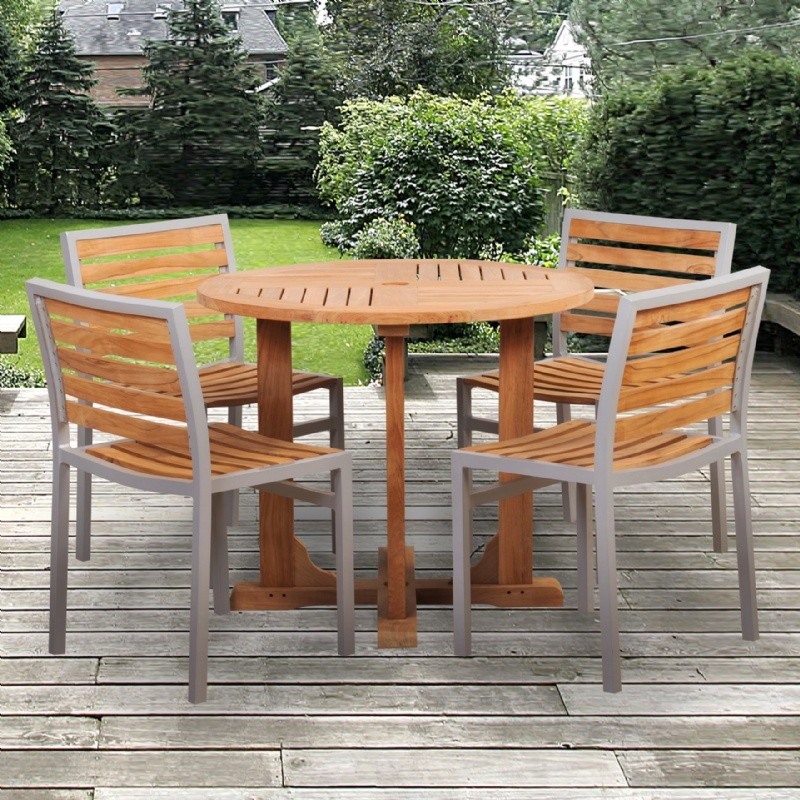 Outdoor Furniture: Caluco: Infinity Collection: Modern Teak Aluminum Patio Dining Set 5 Piece with 36 inch Table