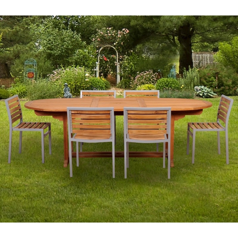 Outdoor Furniture: Outdoor Patio Dining Sets: Modern Teak Aluminum Patio Dining Set 7 Piece with 96 inch Table