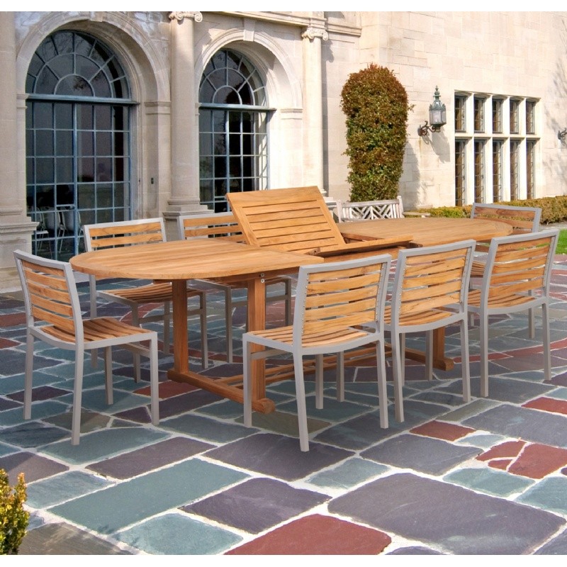 Modern Teak Aluminum Patio Dining Set 9 Piece with 96 inch Table : Outdoor Patio Dining Sets