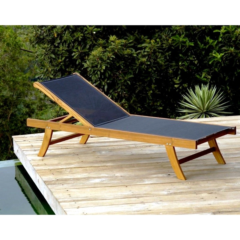Outdoor Furniture: Chaise Lounges: Teak Outdoor Chaise Lounge with Black Mesh Sling