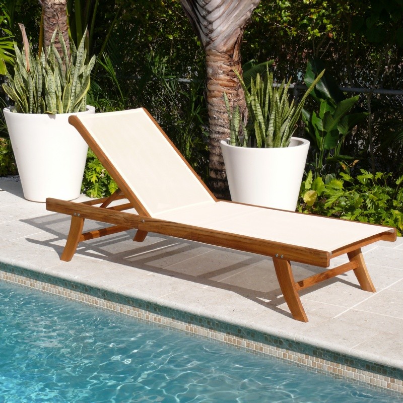 Outdoor Furniture: Sling Chaise Lounges: Teak Outdoor Chaise Lounge with Ivory Mesh Sling