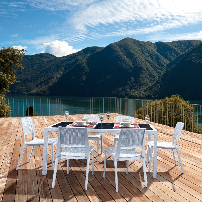 Outdoor Furniture: WickerLook: Miami Beach Collection: Miami Wickerlook Resin Patio Dining Set 7 Piece Rectangle White