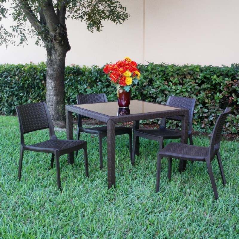 Miami Wickerlook Resin Patio Dining Set 5 Piece Brown with Side Chairs : Outdoor Patio Dining Sets