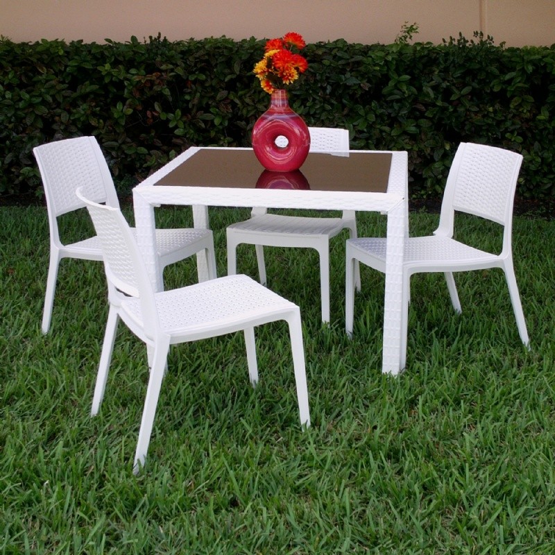 Outdoor Furniture: WickerLook: Miami Beach Collection: Miami Wickerlook Resin Patio Dining Set 5 Piece White with Side Chairs