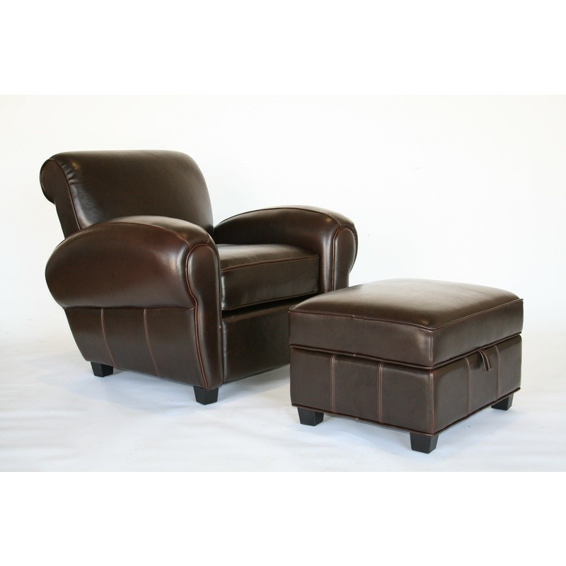 Furniture: Club Chairs: Dark Brown Leather Club Chair and Ottoman