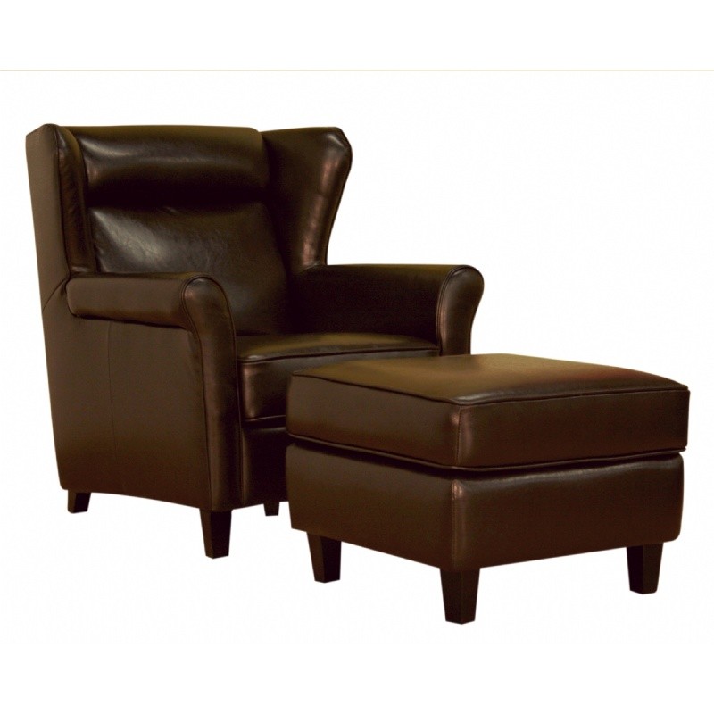 Furniture: Club Chairs: Dark Brown Leather Club Chair and Ottoman