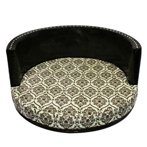 Medium Round Pet Bed - Chocolate Vinyl / Hearts and Crowns Green 80493