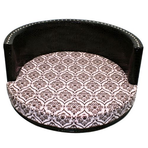 Medium Round Pet Bed - Chocolate Vinyl / Hearts and Crowns Pink 80492