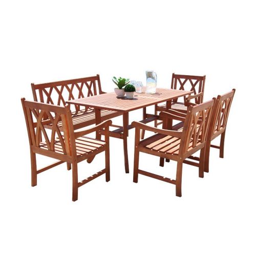Malibu Outdoor 6-Piece Wood Patio Dining Set with Curvy Leg Table & 4-foot Bench V189SET35