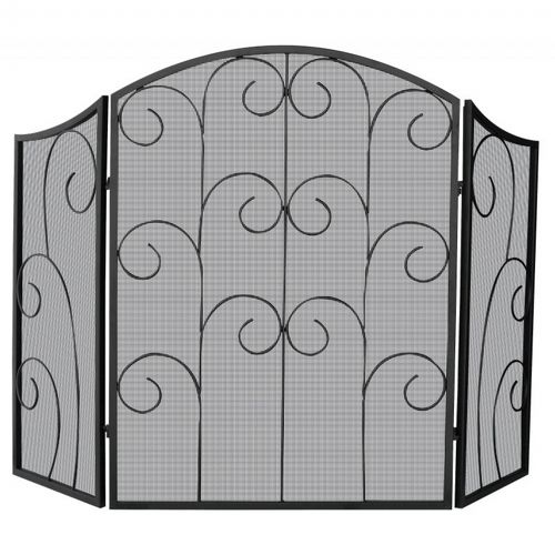 3 Panel Black Wrought Iron Screen With Decorative Scroll BR-S-1015