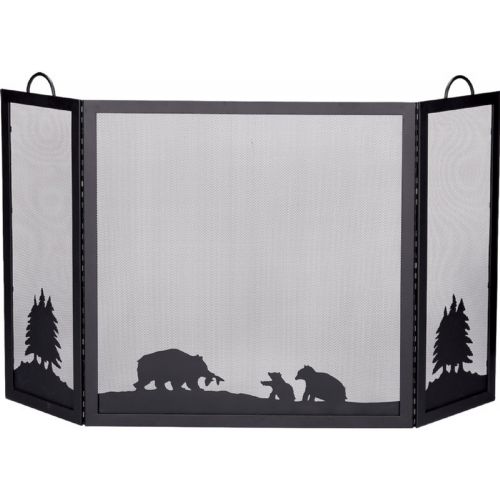 Deluxe 3 Panel Black Wrought Iron Screen With Hunting Bear Scene BR-S-1336