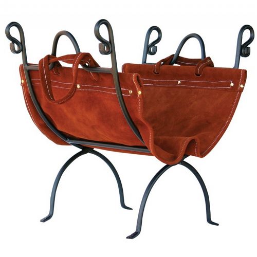 Olde World Iron Log Holder With Suede Leather Carrier BR-W-1196