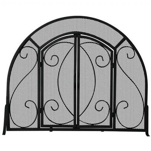 Single Panel Black Wrought Iron Ornate Screen With Doors BR-S-1096